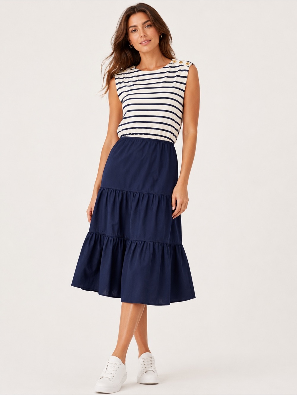 Veronica Beard Jeans Pazila Dress $468 Women's Navy Tiered Midi Skirt